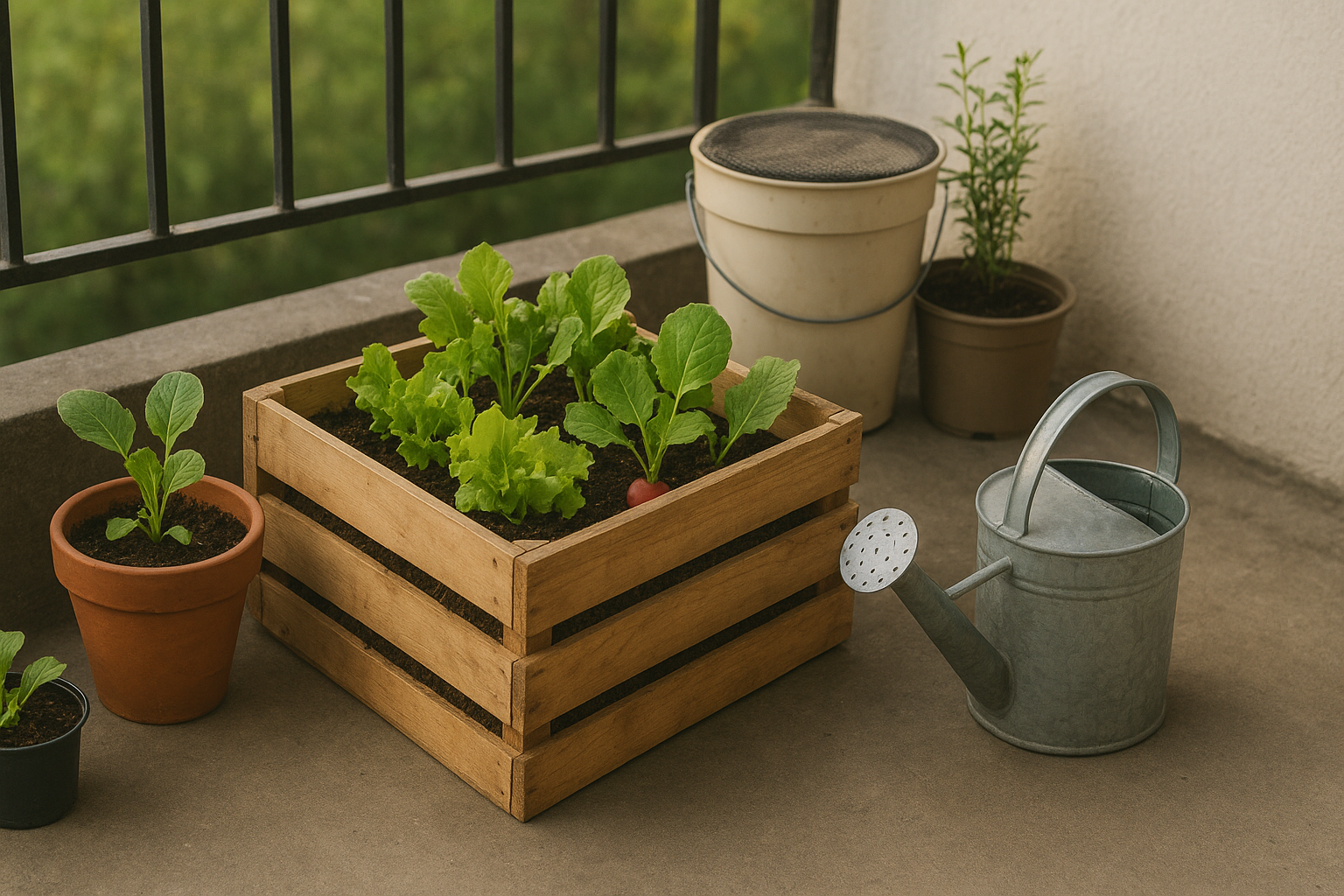 Mini huerto urbano en balcón con macetas recicladas, lechugas y regadera.